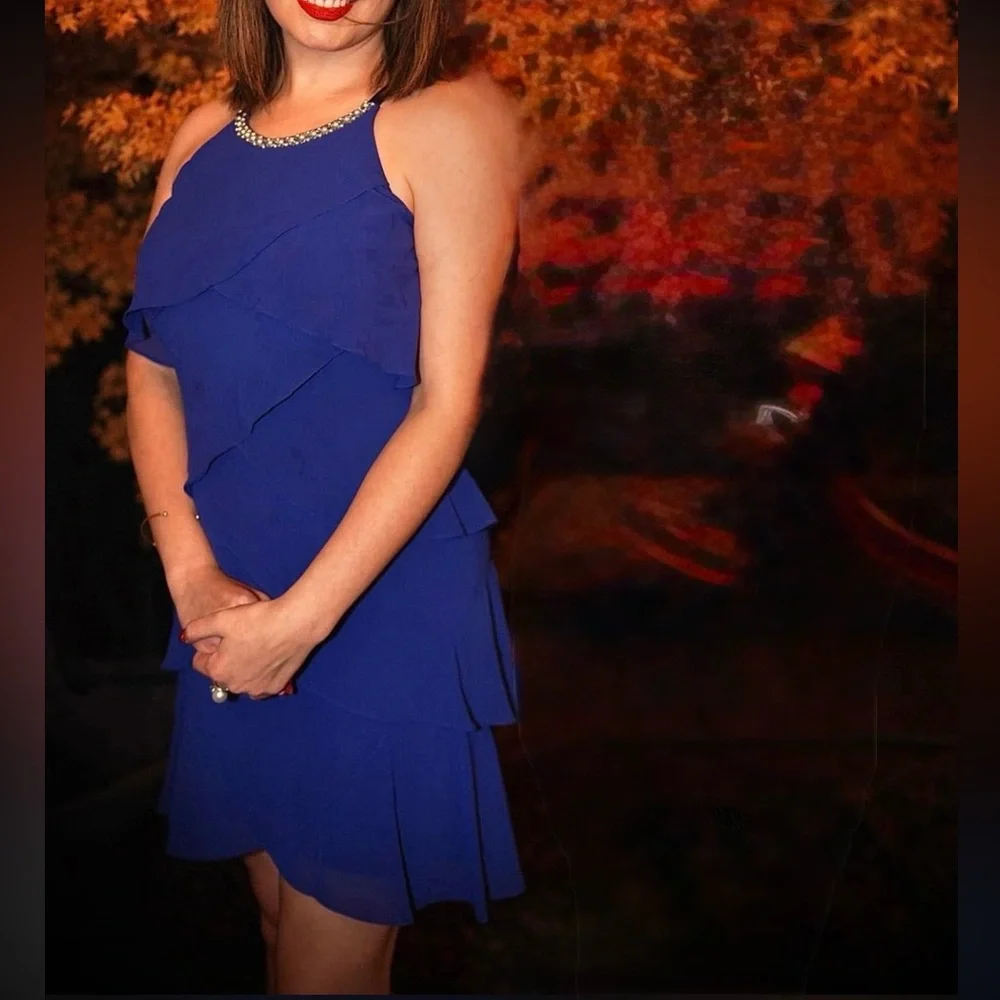 Royal Blue Beaded Neck Tiered Chiffon
Cocktail Dress - Picture 2 of 8